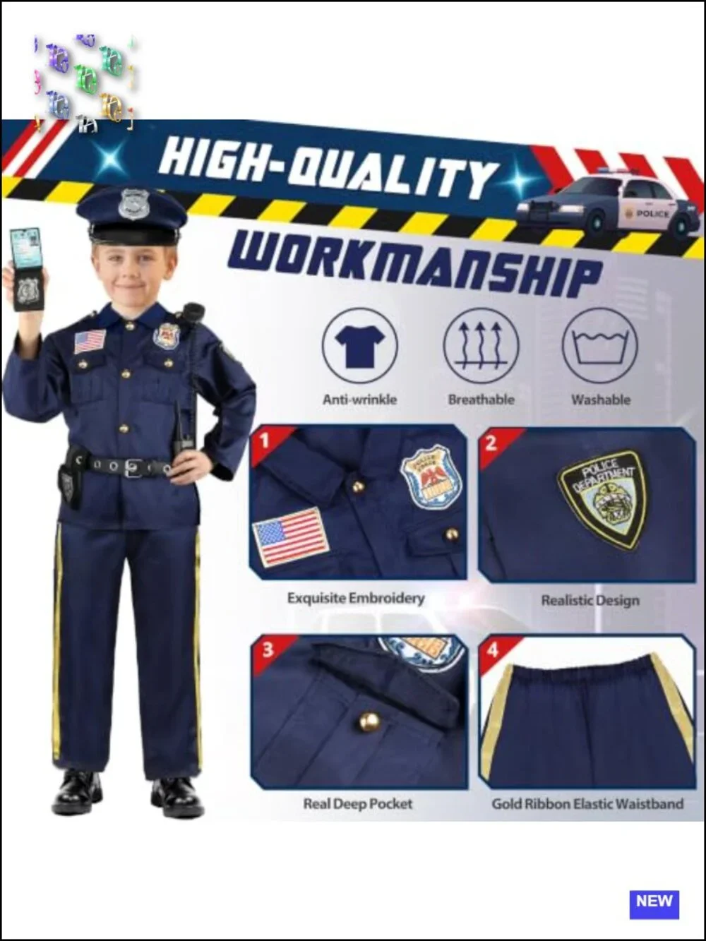 Kids Police Officer Costume Set - 5 Piece Halloween Dress Up Uniform with Hat &